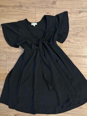 See You Monday Black V-Neck Girly Dress with Bow to Tie. Lightweight Womens S